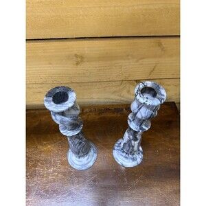 Pair Tall Gray Marble Alabaster Candlesticks Vintage Stone Candle Holders